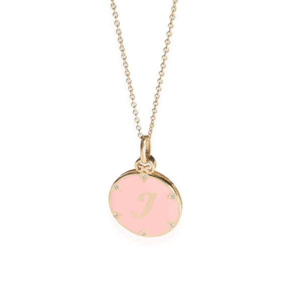 My Story The Allison Pink Enamel Letter J Pendant 14K Yellow Gold 0.03 Ctw - Picture 1 of 3